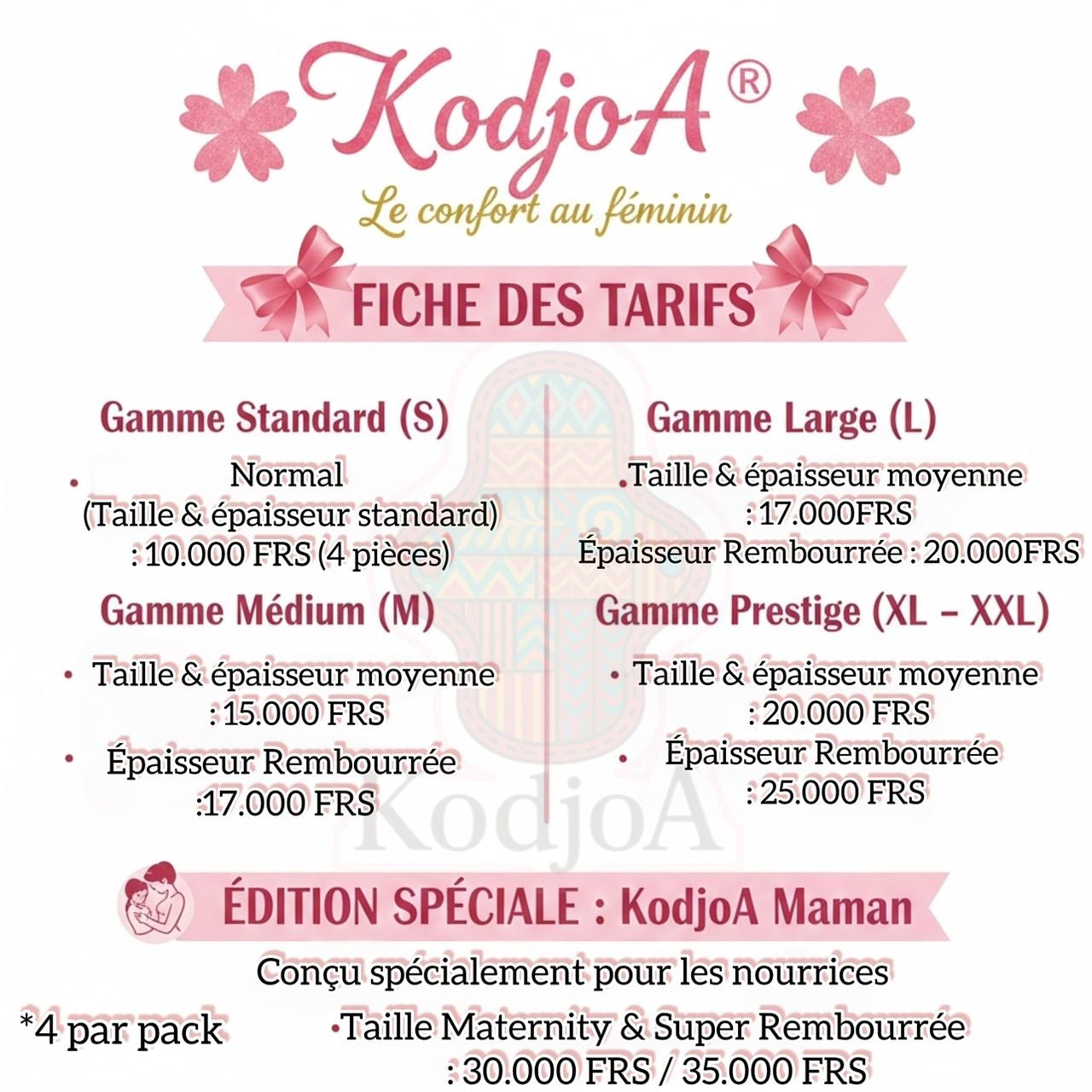 Fiche de Prix des différentes tailles et épaisseur de nos Kodjo
